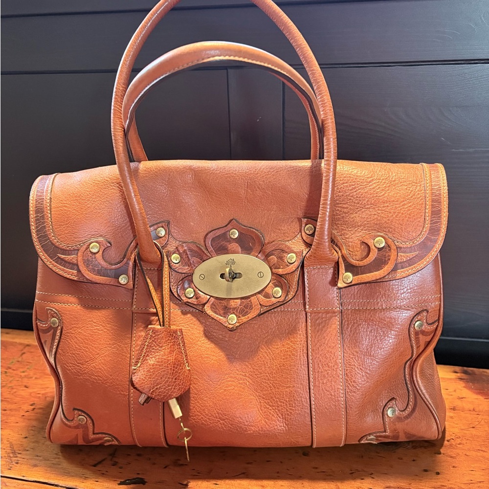 Mulberry Tan Leather Satchel with Gold Accents